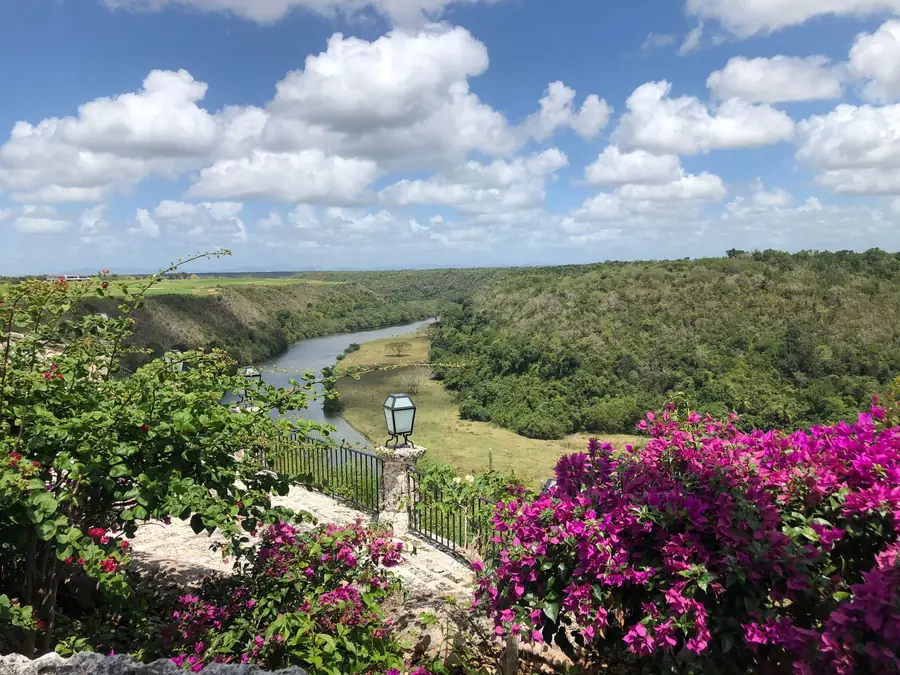 Flowering garden above the river valley in La Romana